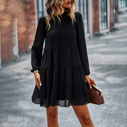 Women Casual Solid Color Stitching Round Neck Loose Long Sleeve Dress