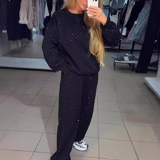 Conjunto de dos piezas de sudadera y pantalones de manga larga con cuello redondo y diamantes de imitación para mujer, estilo deportivo informal de otoño e invierno