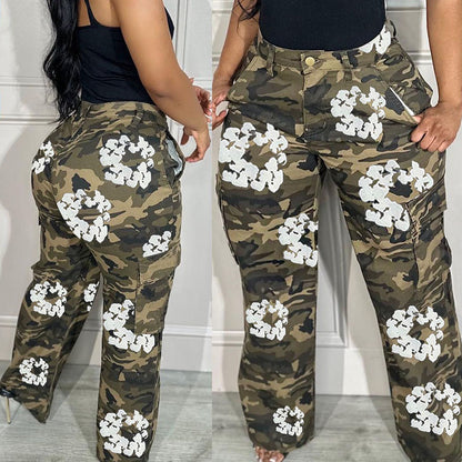 Women Fashion Street Casual Camouflage Printed Cargo Straight Pants