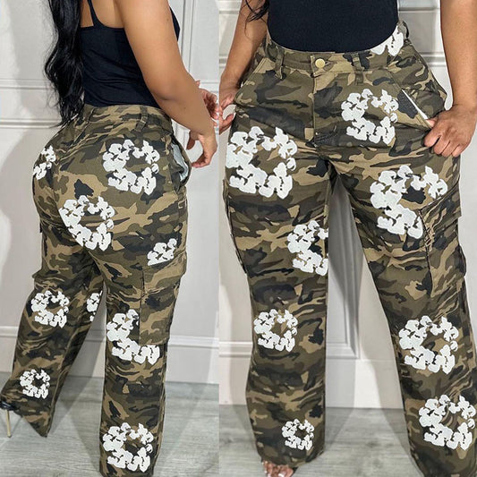 Pantalones cargo rectos con estampado de camuflaje informal de moda urbana para mujer