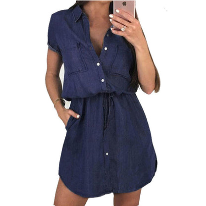 Vestido vaquero informal de manga corta con botonadura sencilla para mujer