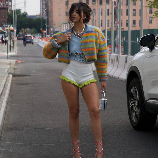 Chaqueta tipo cárdigan de punto con rayas y bloques de color, informal, a la moda para mujer