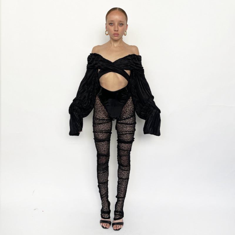 Women Clothes Shiny PU Leather Style Pencil Pant Patchwork See-Through Sexy Casual Long Trousers