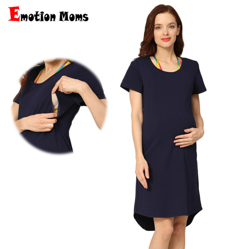 Pregnant Women Casual Round Neck Short Sleeve Solid Color Nursing Dress
