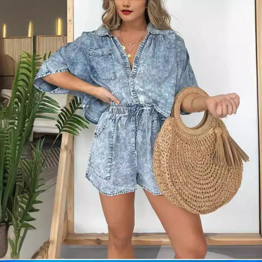 Conjunto de dos piezas de pantalones cortos casuales, holgados y cómodos para mujer