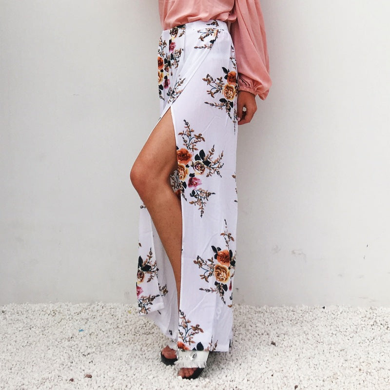 Women Printed High Waist Loose Casual Slit Wide Leg Pants