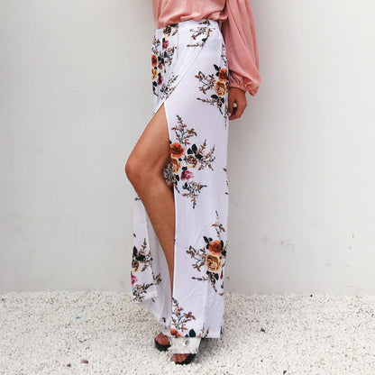 Women Printed High Waist Loose Casual Slit Wide Leg Pants