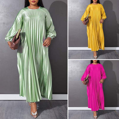 Vestido plisado informal de manga larga, holgado, de color liso y talla grande para mujer