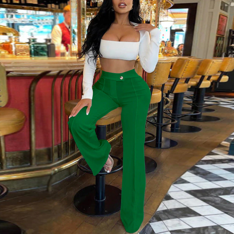 Women Fashion Casual Solid Color Wide Leg High Waist Slim Fit Pants