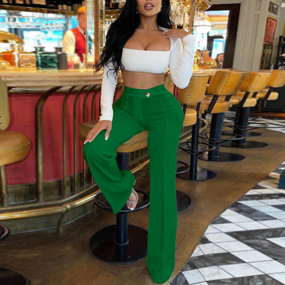 Women Fashion Casual Solid Color Wide Leg High Waist Slim Fit Pants