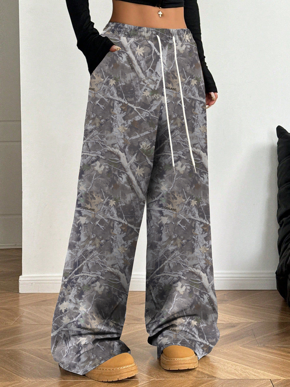 Women Fashion Casual Elastic Waist Camouflage Printed Wide Leg Pants