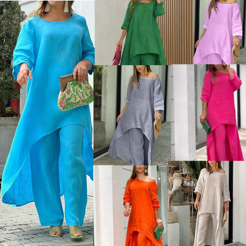 Conjunto de top y pantalones anchos de manga larga irregulares de algodón y lino de color liso informal para mujer