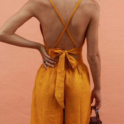 Conjunto de dos piezas formado por top corto y pantalón ancho de cintura alta y escote en V, color liso, para mujer, informal, de verano y vacaciones
