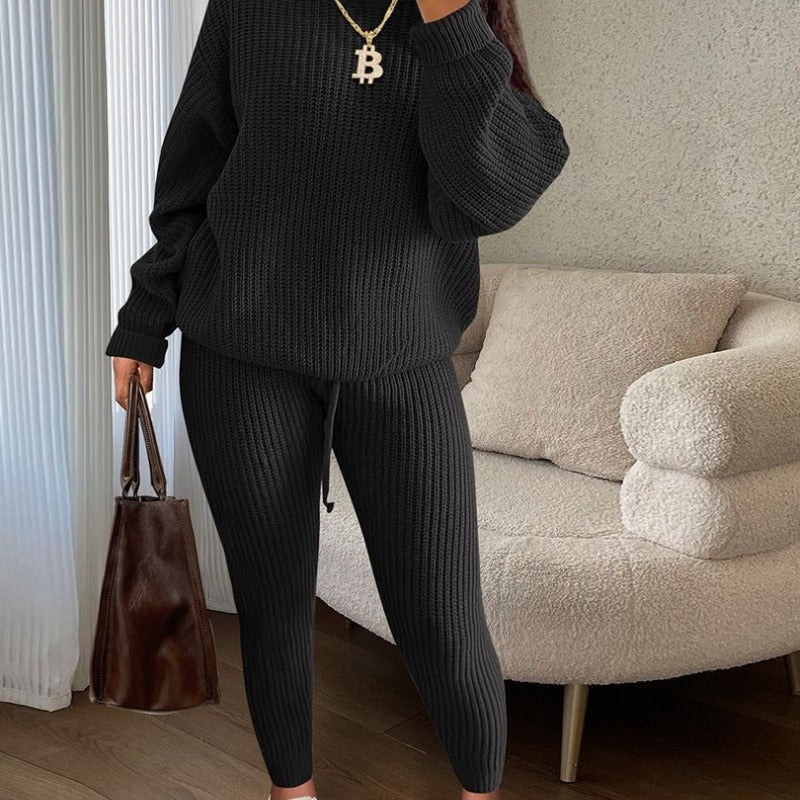 Fashion Casual Women Solid Color Knitted Long Sleeve Sweater And Pants Set
