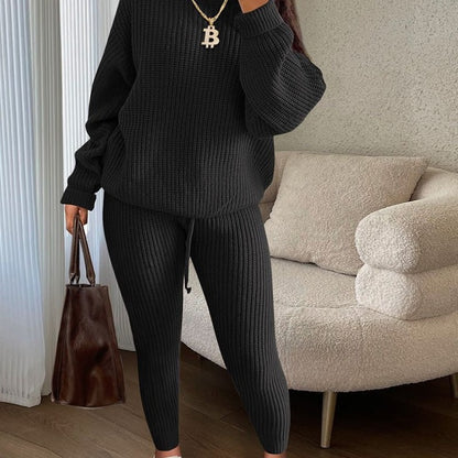 Fashion Casual Women Solid Color Knitted Long Sleeve Sweater And Pants Set