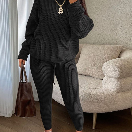 Fashion Casual Women Solid Color Knitted Long Sleeve Sweater And Pants Set