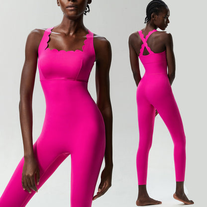 Women Simple Casual Solid Color Cross Wave Edge Sports Tight Yoga Jumpsuits