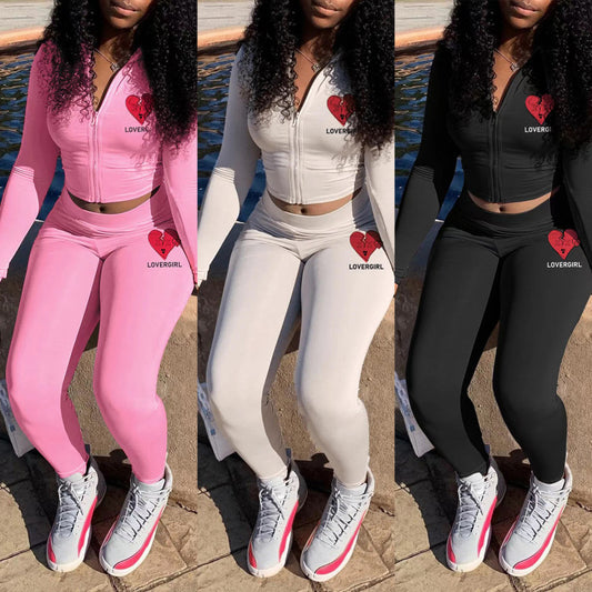 Women Printed Long Sleeve Zip Top And Pants Slim Fit Casual Sports Two-Piece Set