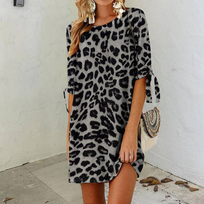 Women Fashion Casual Leopard Printed Round Neck Dress