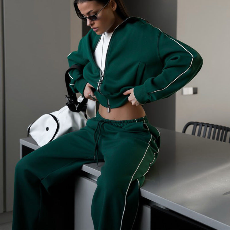 Women Fashion Casual Zipper Cardigan Long Sleeve Top Drawstring Pants Two-Piece Set