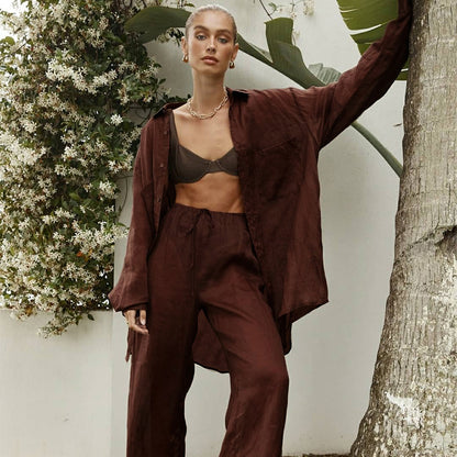 Conjunto de dos piezas de camisa y pantalón de algodón de manga larga para mujer, informal, de otoño e invierno