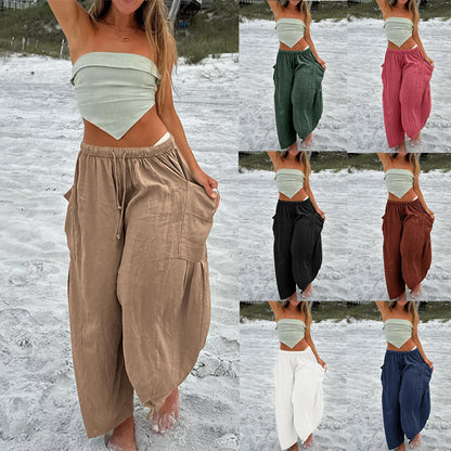 Pantalones cargo informales para mujer, con cintura elástica, plisados, de cintura alta, anchos y holgados, de algodón y lino con bolsillos.