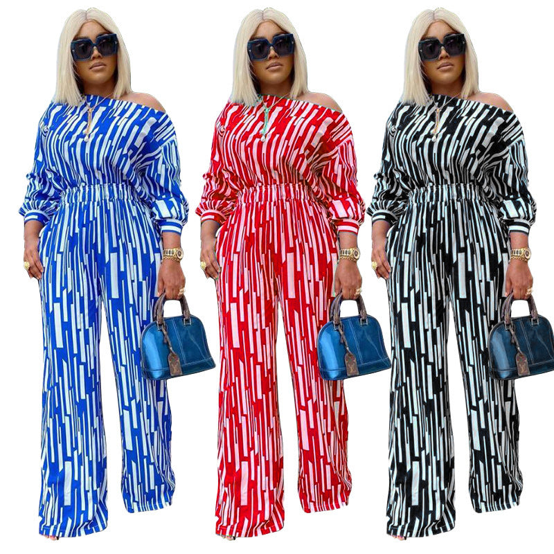 Plus Size Women Stripe Print Long-Sleeved Shoulder Loose Casual Two Pieces Suit