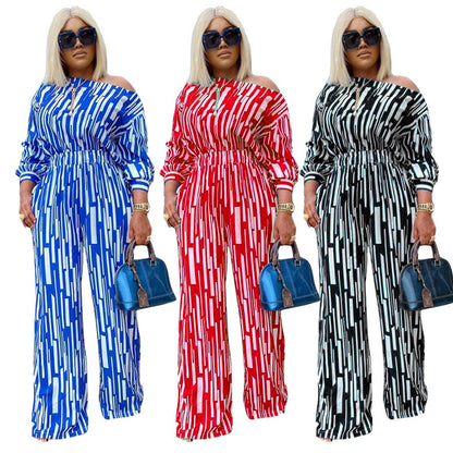 Plus Size Women Stripe Print Long-Sleeved Shoulder Loose Casual Two Pieces Suit