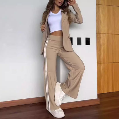 Conjunto de dos piezas de blazer, abrigo y pantalones con solapa y manga larga informal para mujer