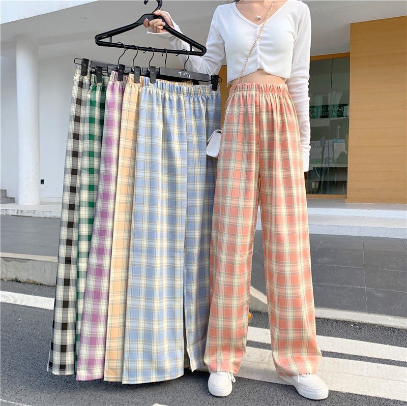 Women Edgy Summer High Waist Straight Plaid Loose Casual Wide Leg Pants