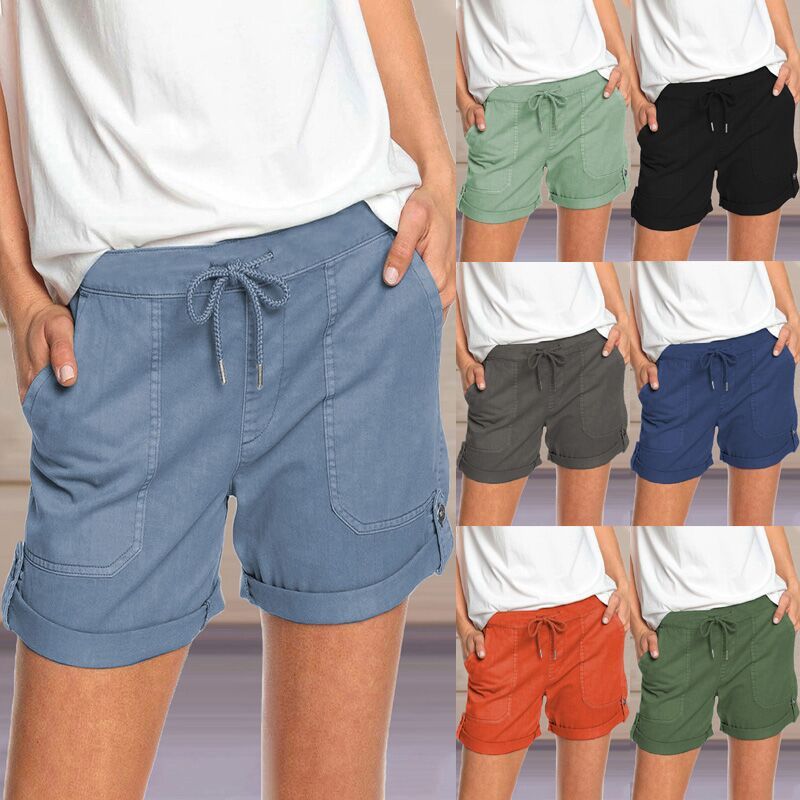Pantalones cortos casuales de cintura elástica de color sólido a la moda para mujer