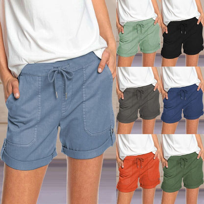 Pantalones cortos casuales de cintura elástica de color sólido a la moda para mujer