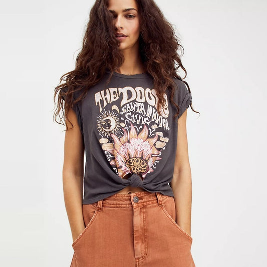 Camiseta corta con estampado floral y cuello redondo holgada informal de moda de verano para mujer