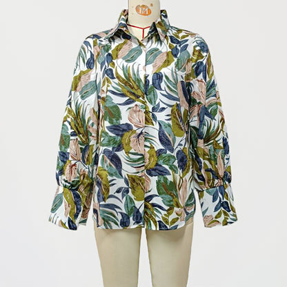 Blusa informal con estampado de plantas y mangas farol para mujer