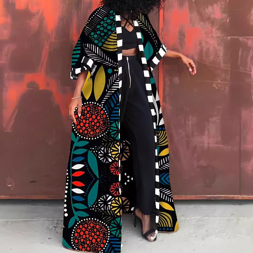 Abrigo largo estampado holgado informal de talla grande para mujer