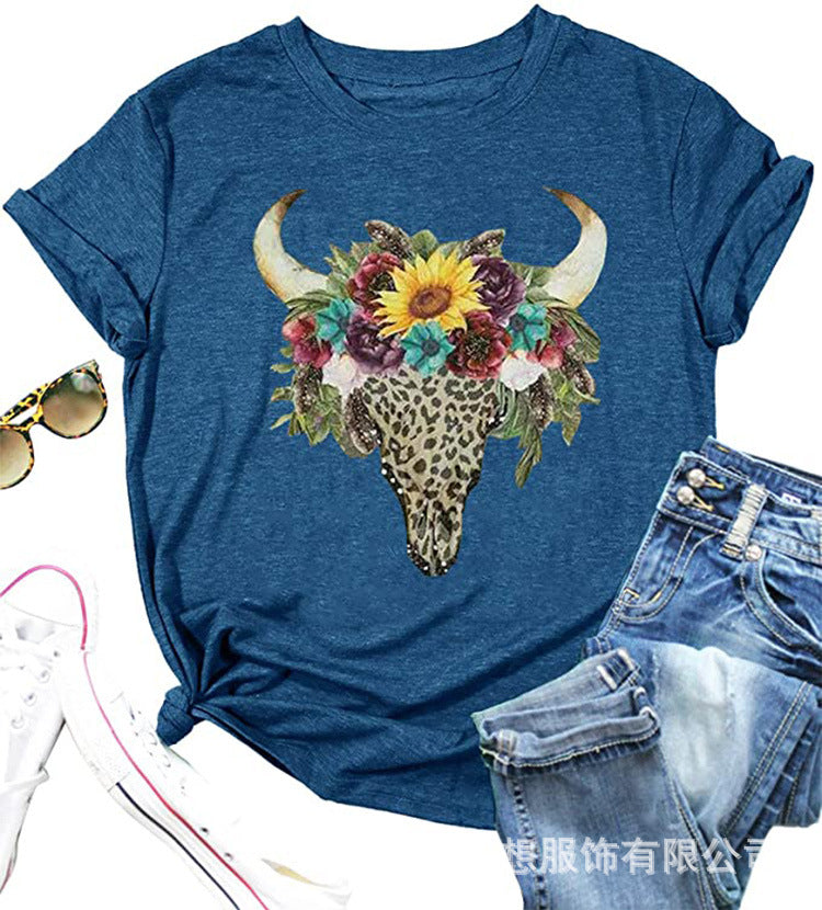 Camiseta informal de verano para mujer con estampado de cabeza de vaca, estilo retro occidental, cuello redondo y manga corta