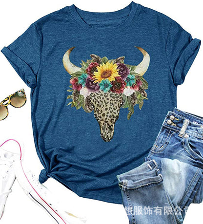 Camiseta informal de verano para mujer con estampado de cabeza de vaca, estilo retro occidental, cuello redondo y manga corta