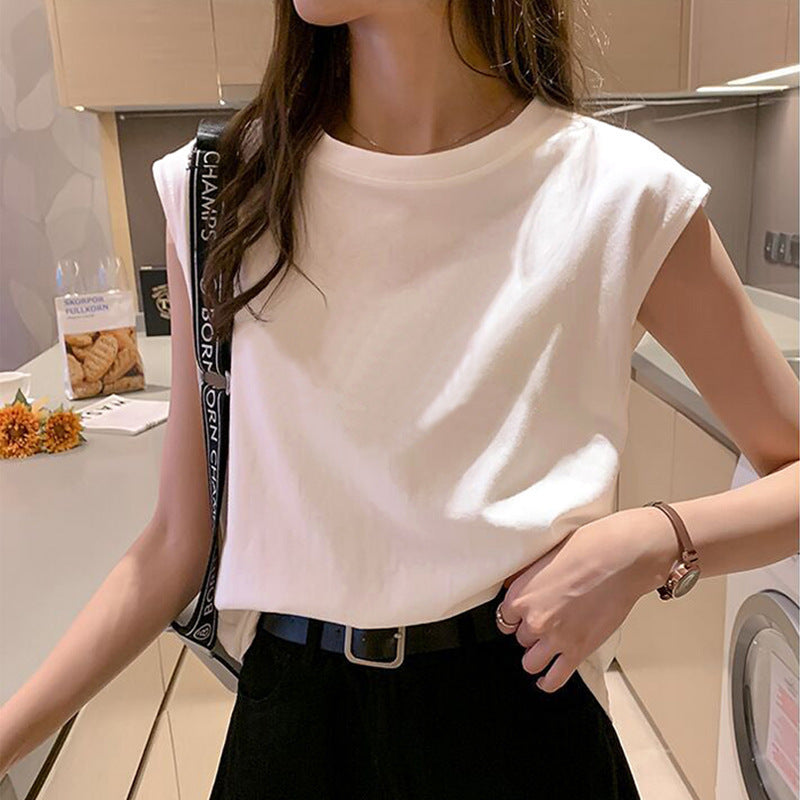 Summer Women Casual Solid Color Sleeveless Round Neck Tank Top