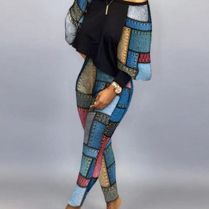 Conjunto de top holgado y pantalones ajustados con estampado gráfico informal de moda para mujer