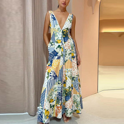 Fashion Boho Women Elegant Graphic Print Deep V Neck Sleeveless Casual Maxi Dress