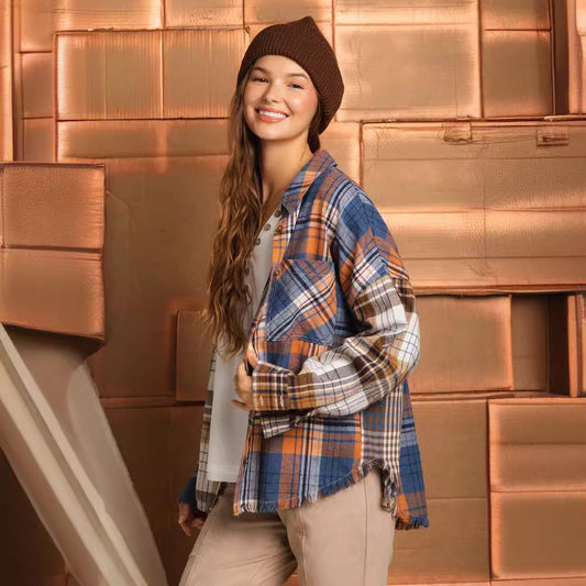 Camisa informal de manga larga a cuadros para mujer