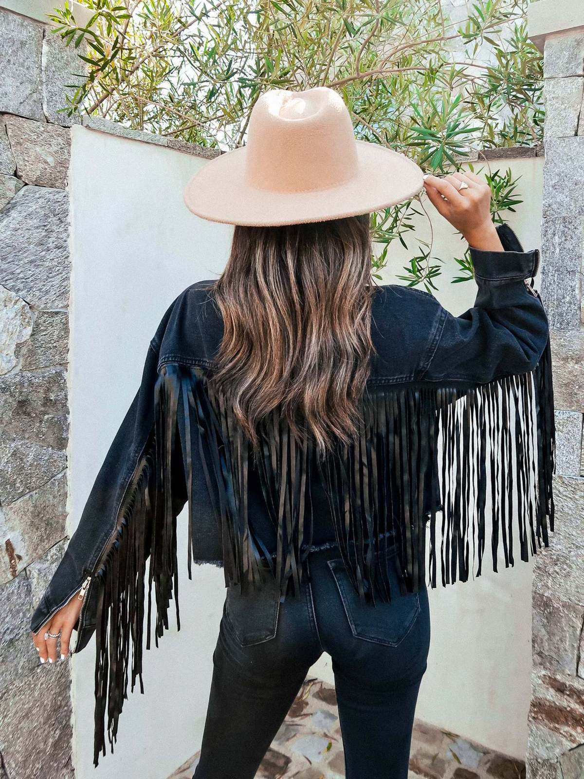 Chaqueta vaquera informal holgada con borlas cruzadas para mujer