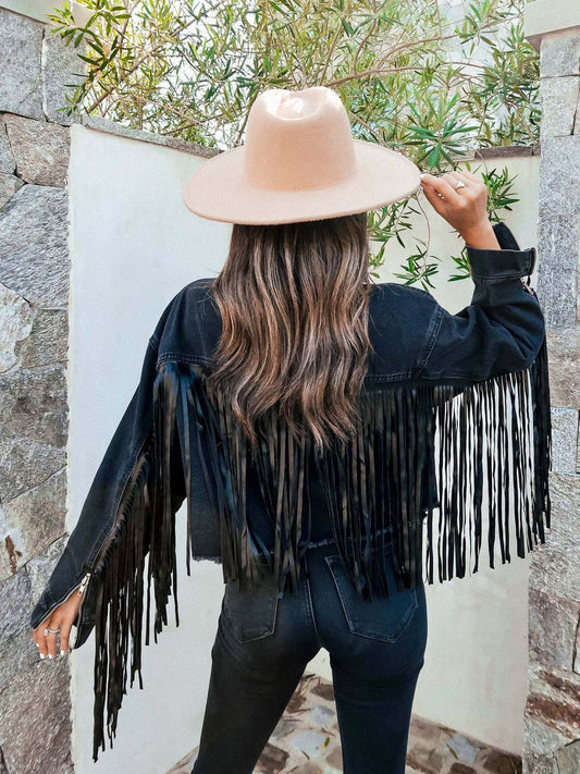 Chaqueta vaquera informal holgada con borlas cruzadas para mujer