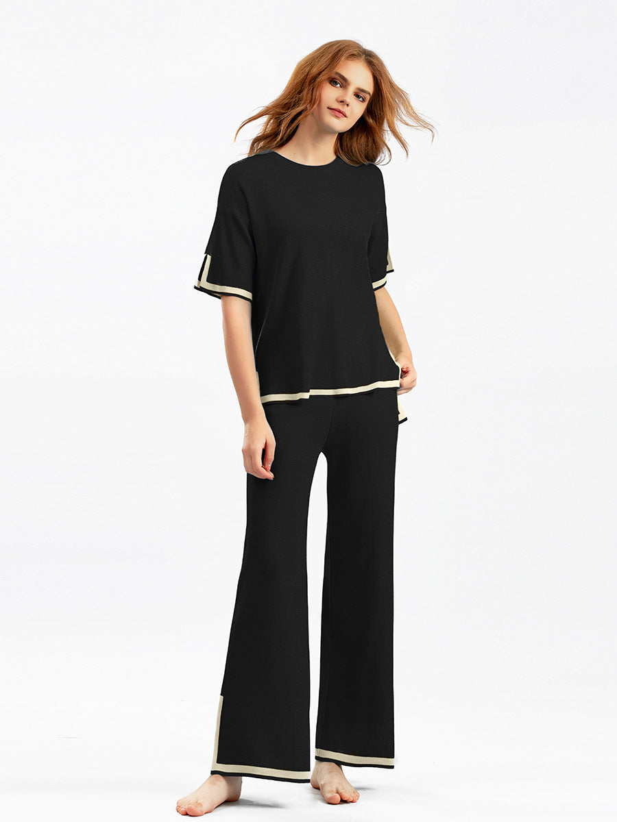 Conjunto de dos piezas de pantalones anchos de punto con contraste informal para mujer