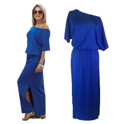 Women Casual Basic Solid Color Short Sleeve Summer Oblique Shoulder Side-slit Pocket Loose Dress