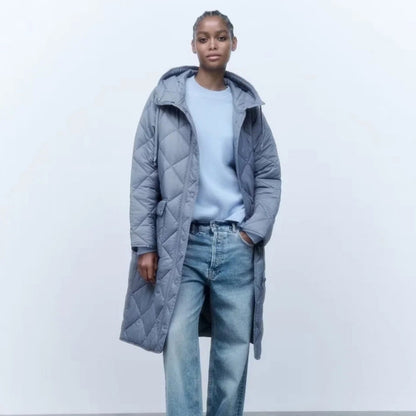Chaqueta con capucha acolchada larga y cálida informal para mujer de otoño e invierno
