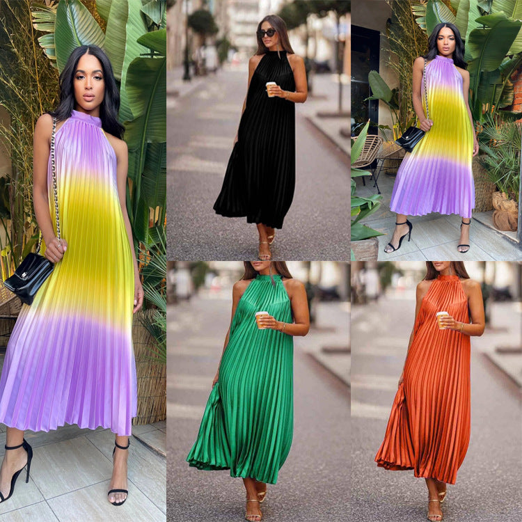 Vestido plisado sin mangas con cuello redondo informal a la moda para mujer