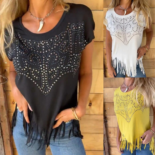 Women Fashion Casual Hot Stamping Tassel Round Neck Short Sleeve T-Shirt