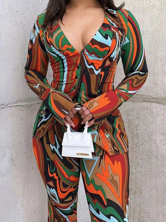 Women Loose Casual Deep V Neck Single Breasted Shirt Blouse And Sexy Printed Wide-Leg Pants Fashion Two-Piece Set