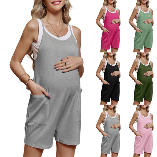 Women Casual Loose Sleeveless Suspender Pregnant Solid Color Pocket Maternity Rompers